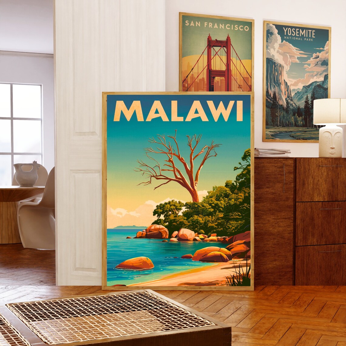 Malawi Africa Baobab Tree Lakeshore Golden Sunset Travel Poster - Image 5