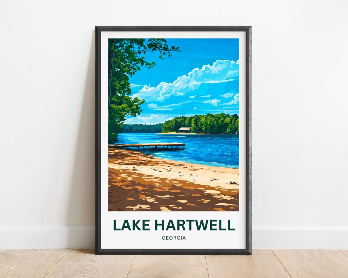 Lake Hartwell Georgia Travel Poster Sandy Beach And Wooden Dock