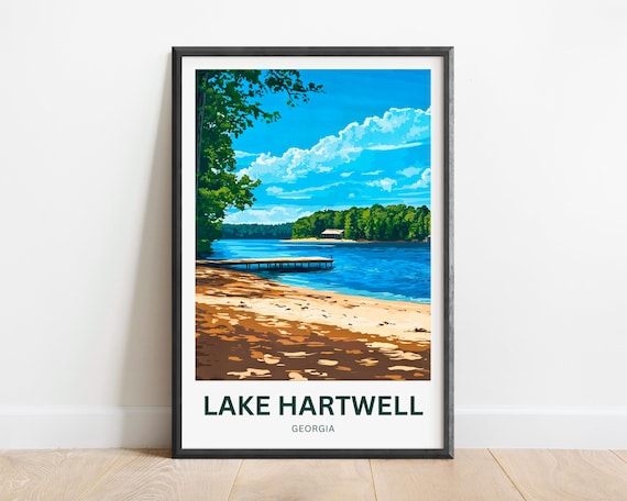Lake Hartwell Georgia Travel Poster Sandy Beach And Wooden Dock