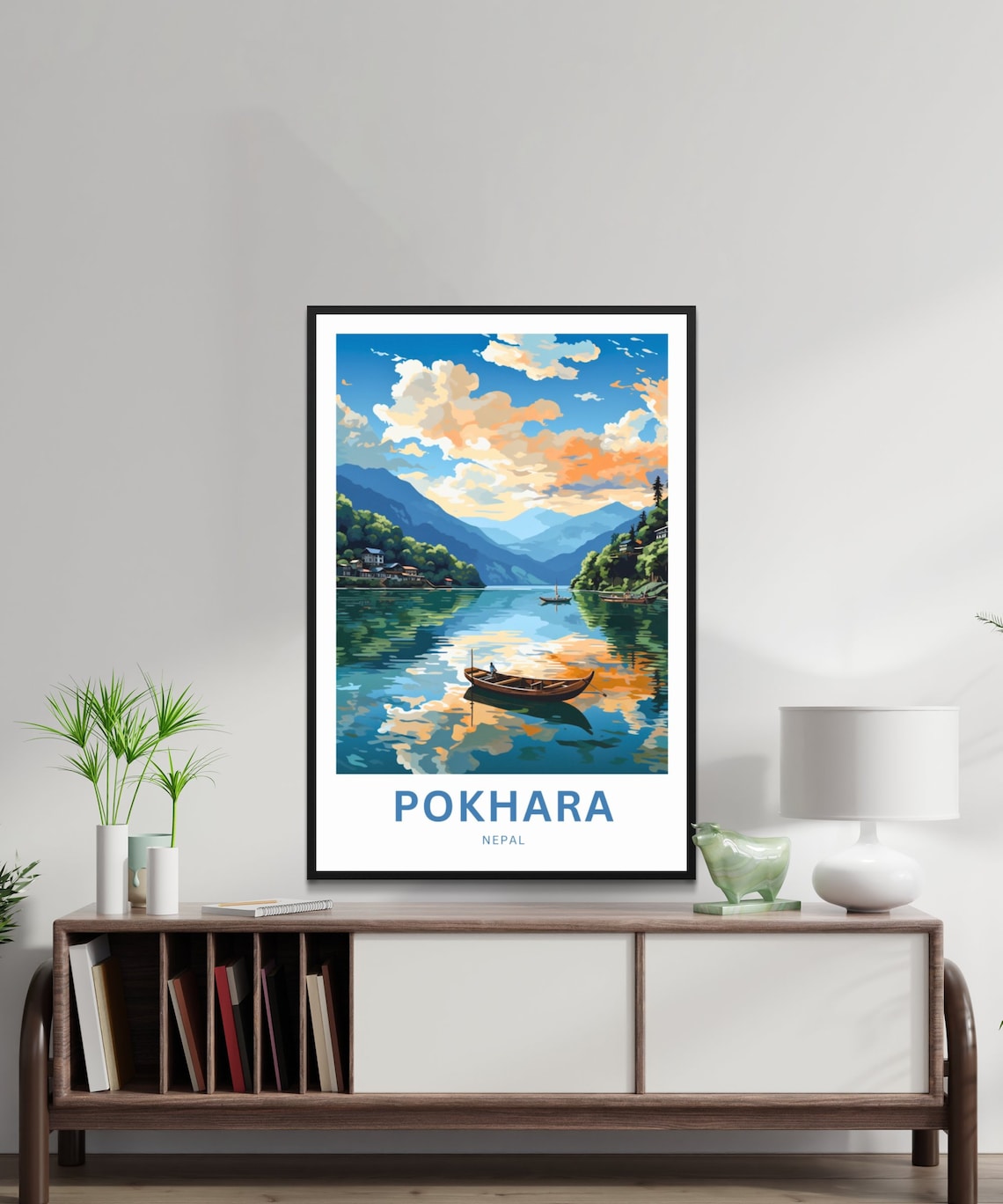 Pokhara Nepal Mirror Lake Lone Canoe Golden Hour Travel Poster - Image 2