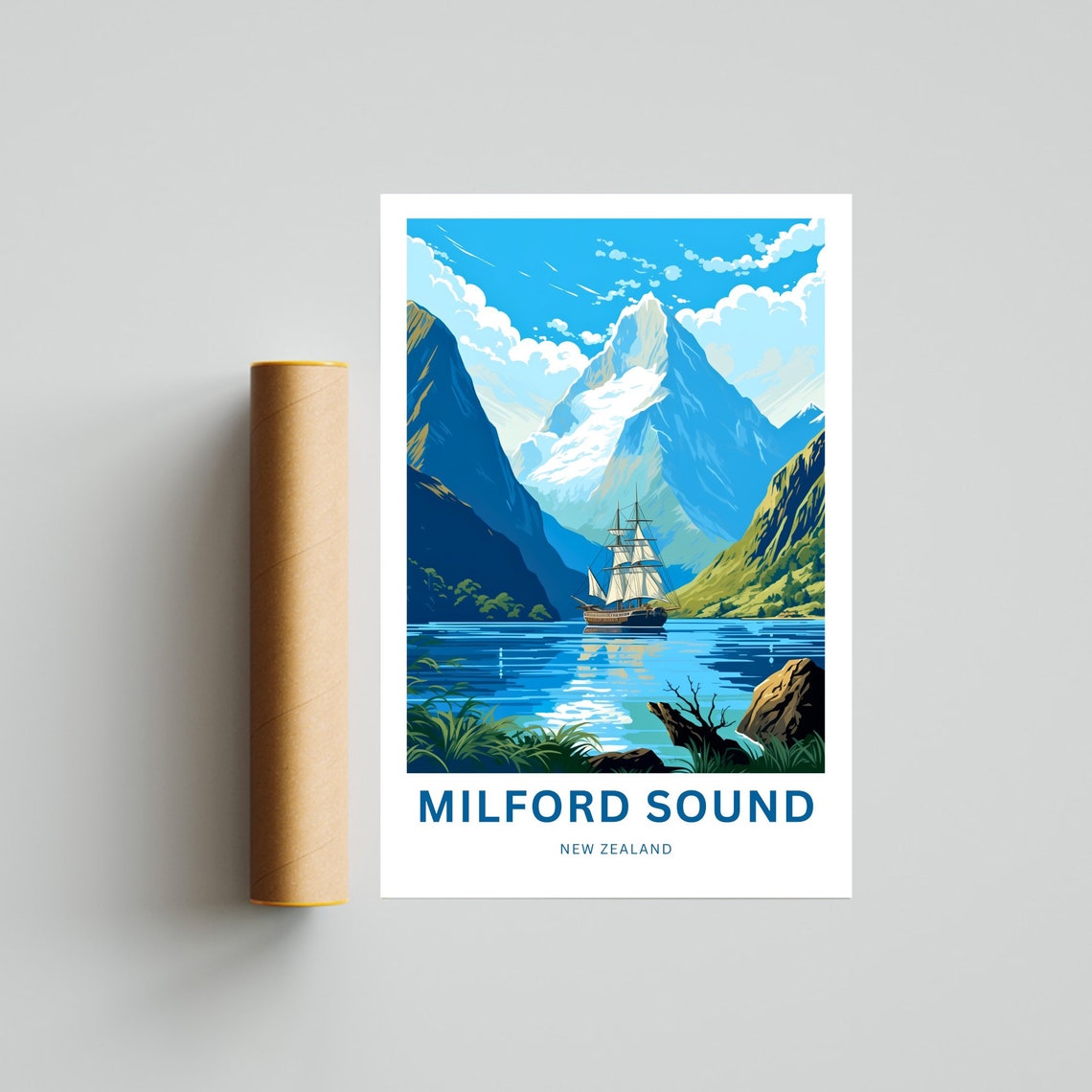 Milford Sound New Zealand Tall Ship Blue Snowy Summit Travel Poster - Image 4
