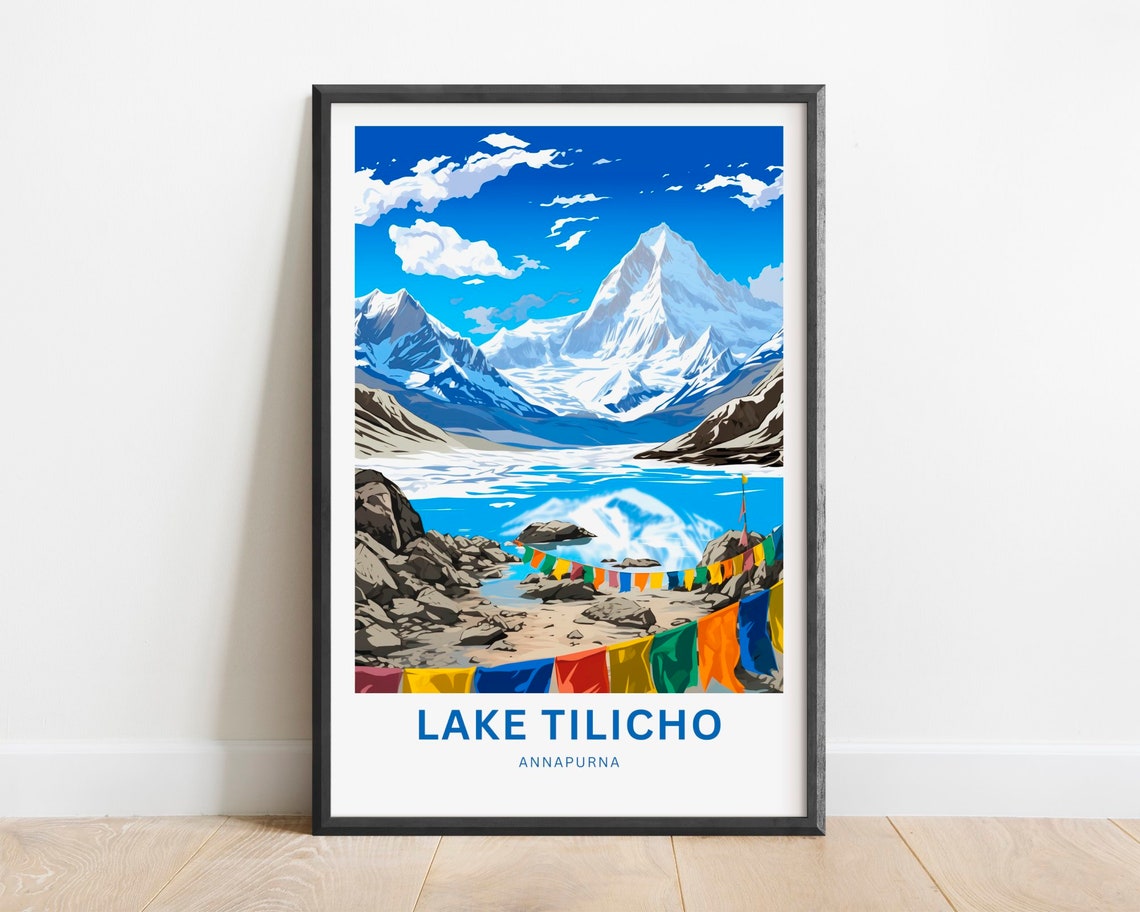 Lake Tilicho Annapurna Snowy Peaks Prayer Flags Travel Poster