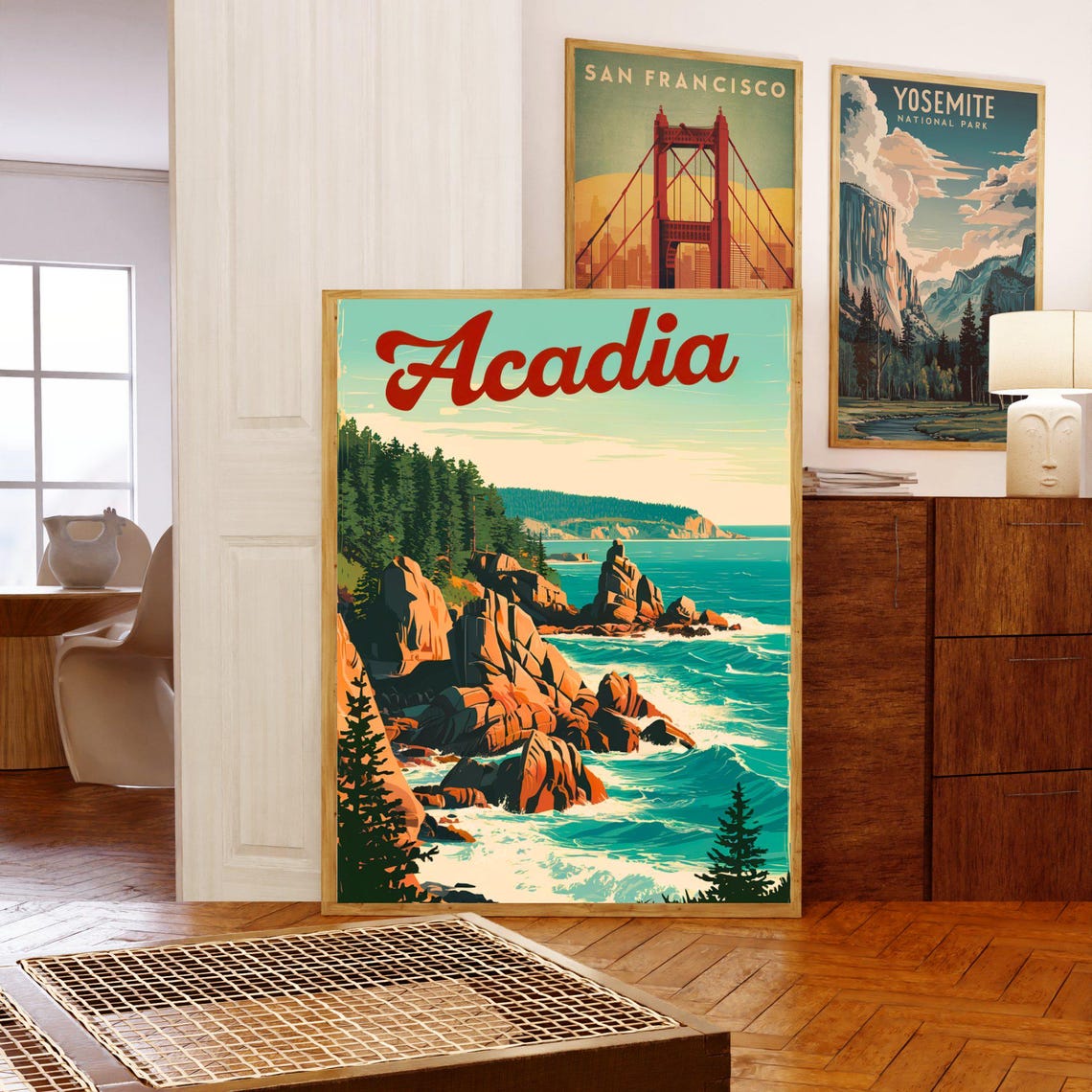 Acadia National Park Vintage Rocky Coastline Pine Forest Poster - Image 5