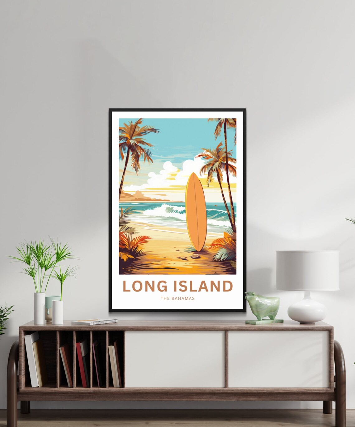 Long Island Bahamas Surfboard Beach Palm Trees Sunset Travel Poster - Image 2