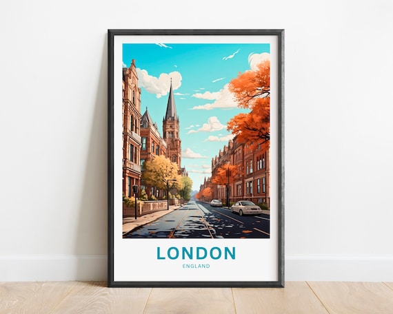 London England Autumn Street with Red Brick Buildings Travel Poster