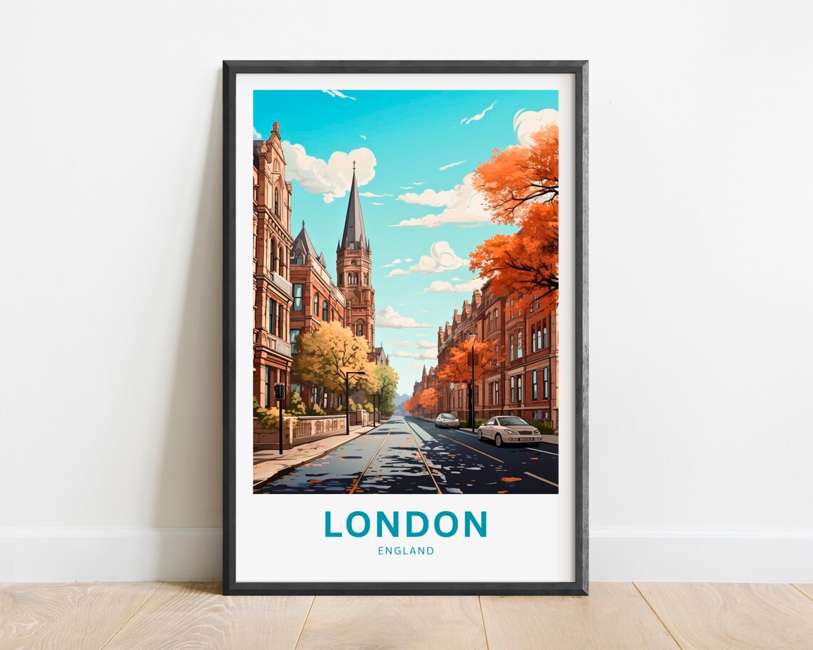London England Autumn Street with Red Brick Buildings Travel Poster