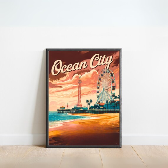 Ocean City Vintage Boardwalk Pier Ferris Wheel Sunset Travel Poster