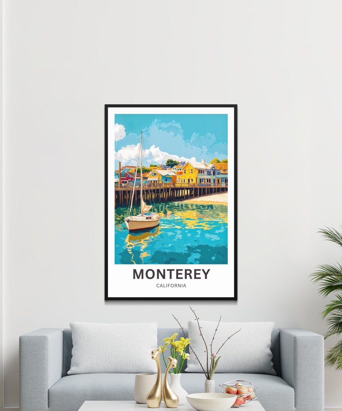 Monterey California Harbor Sailboat Colorful Pier Buildings Poster - Image 4