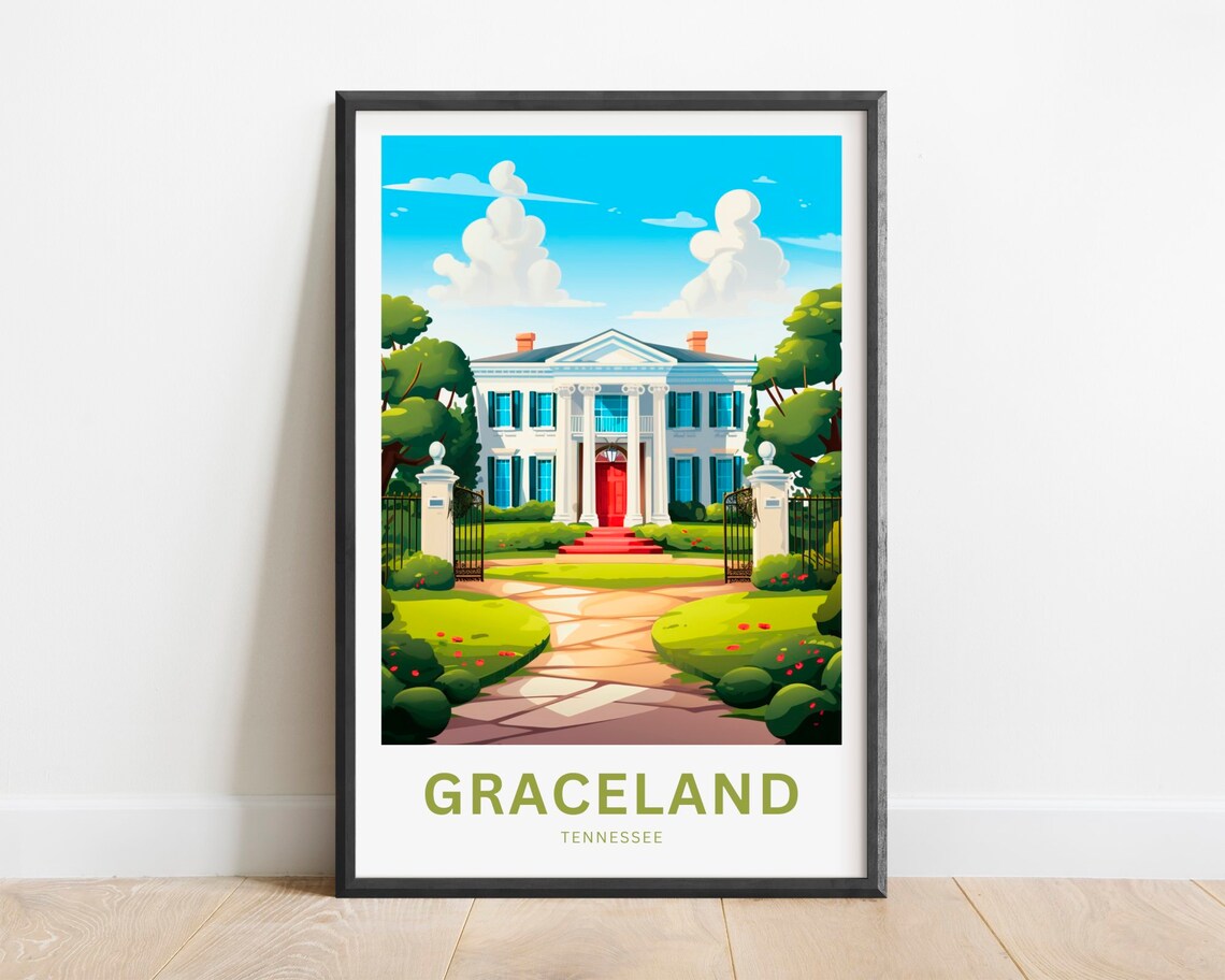 Graceland Tennessee White Columned Mansion Red Door Travel Poster