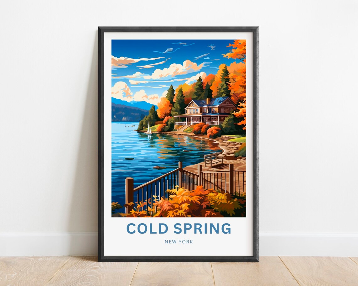 Cold Spring New York Autumn Lake Sailboat Lakeside House Travel Poster