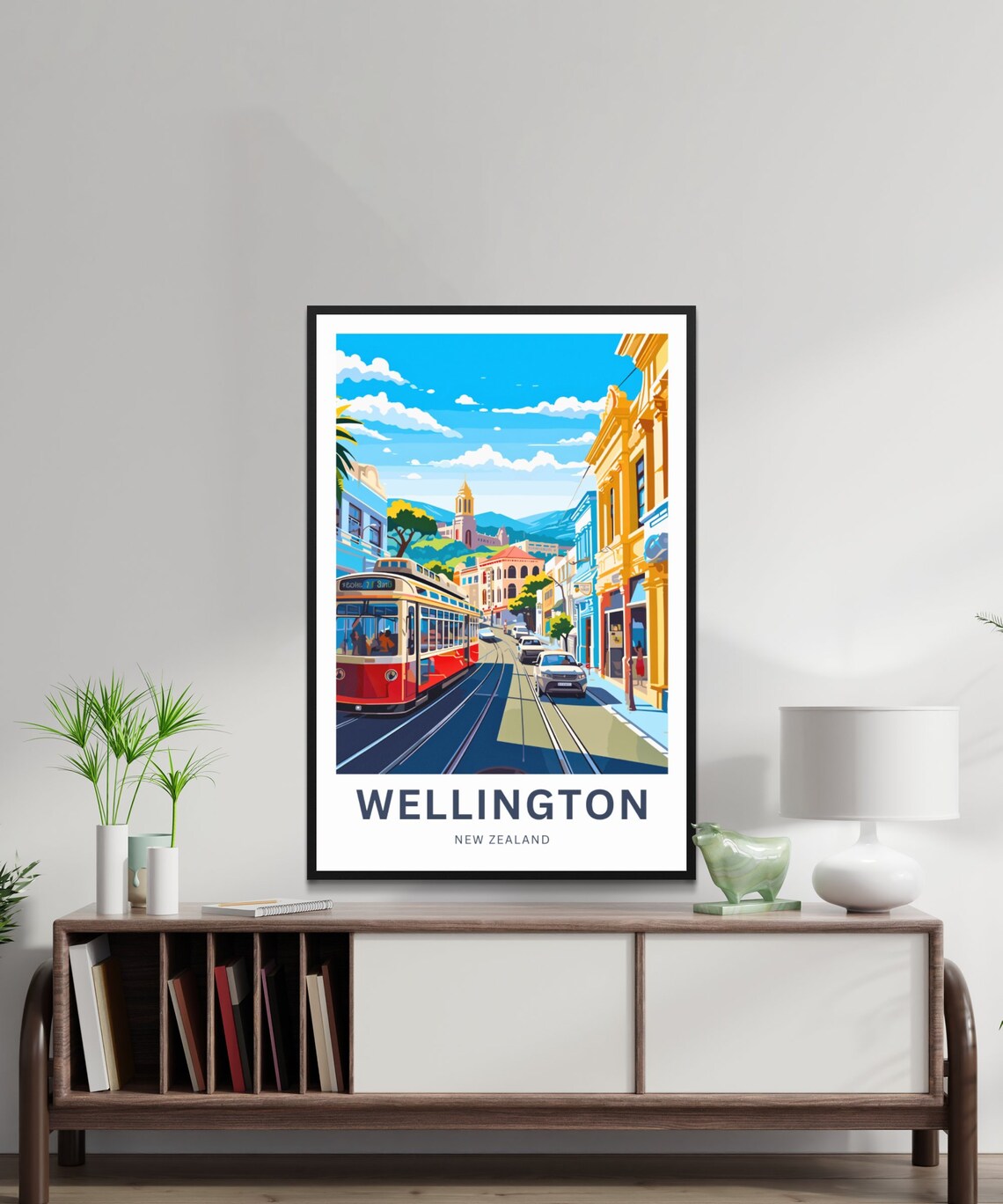 Wellington New Zealand Vintage Red Tram Downtown Street Poster - Image 2