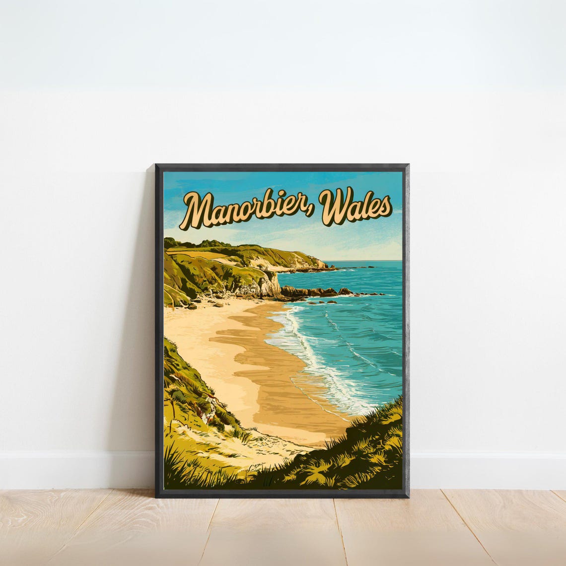 Manorbier Wales Vintage Retro Coastal Beach Scene Travel Poster