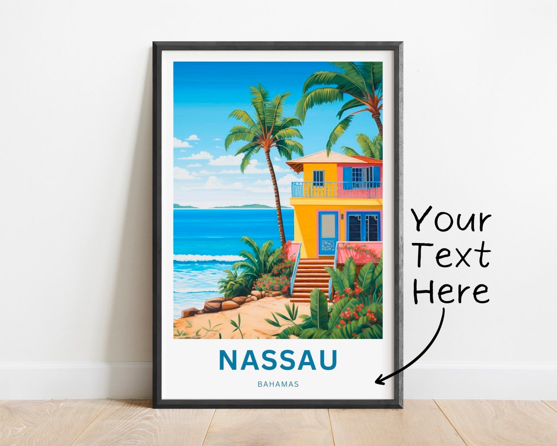 Personalized Nassau Bahamas Beach Cottage Palm Trees Travel Poster
