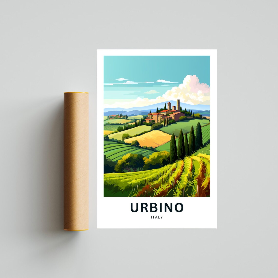 Urbino Italy Cypress Hills Vineyard Village Countryside Poster - Image 4
