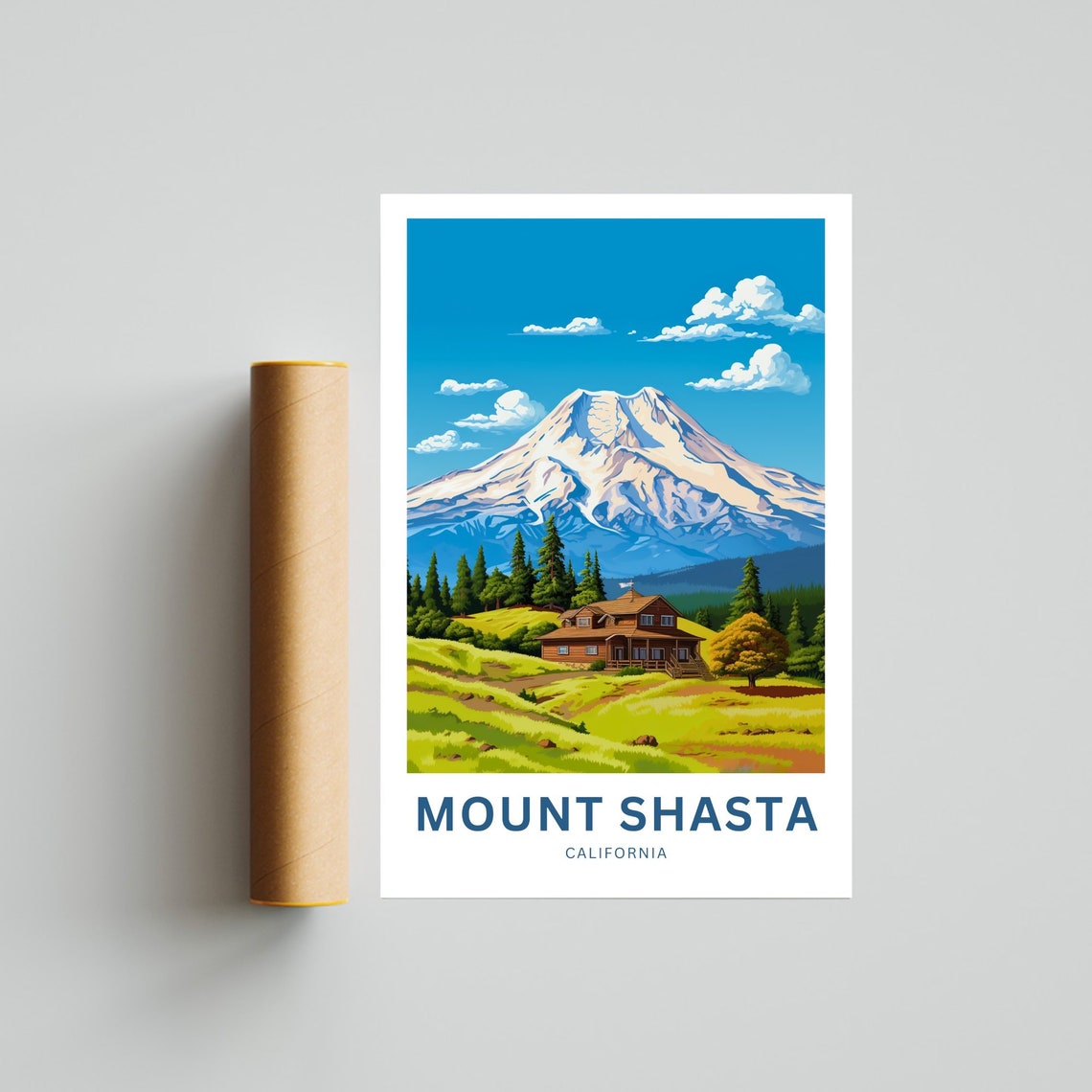 Mount Shasta California Snowy Peak Above Rustic Log Cabin Poster - Image 4