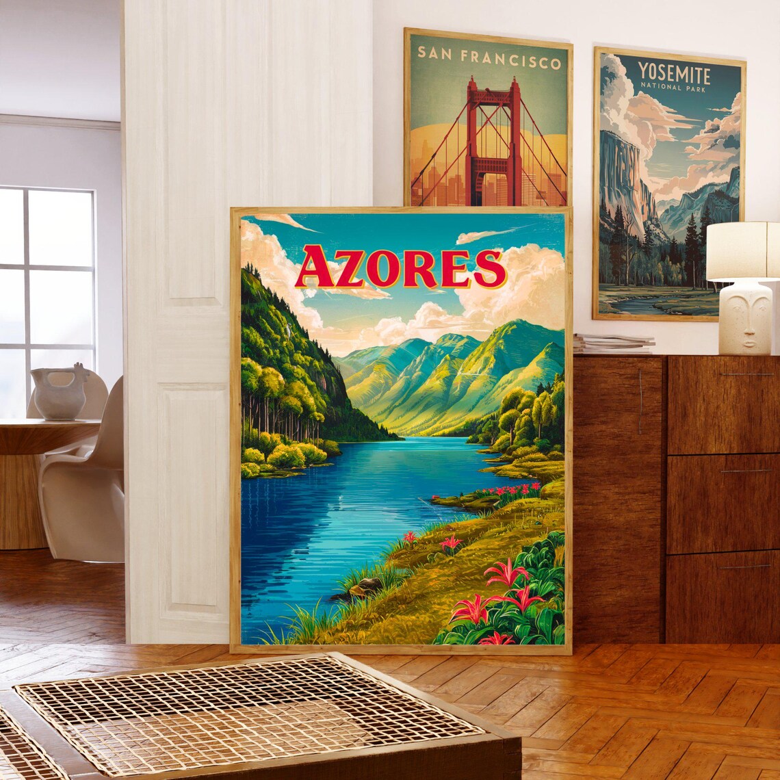 Azores Vintage Crater Lake Lush Green Mountains Travel Poster - Image 3
