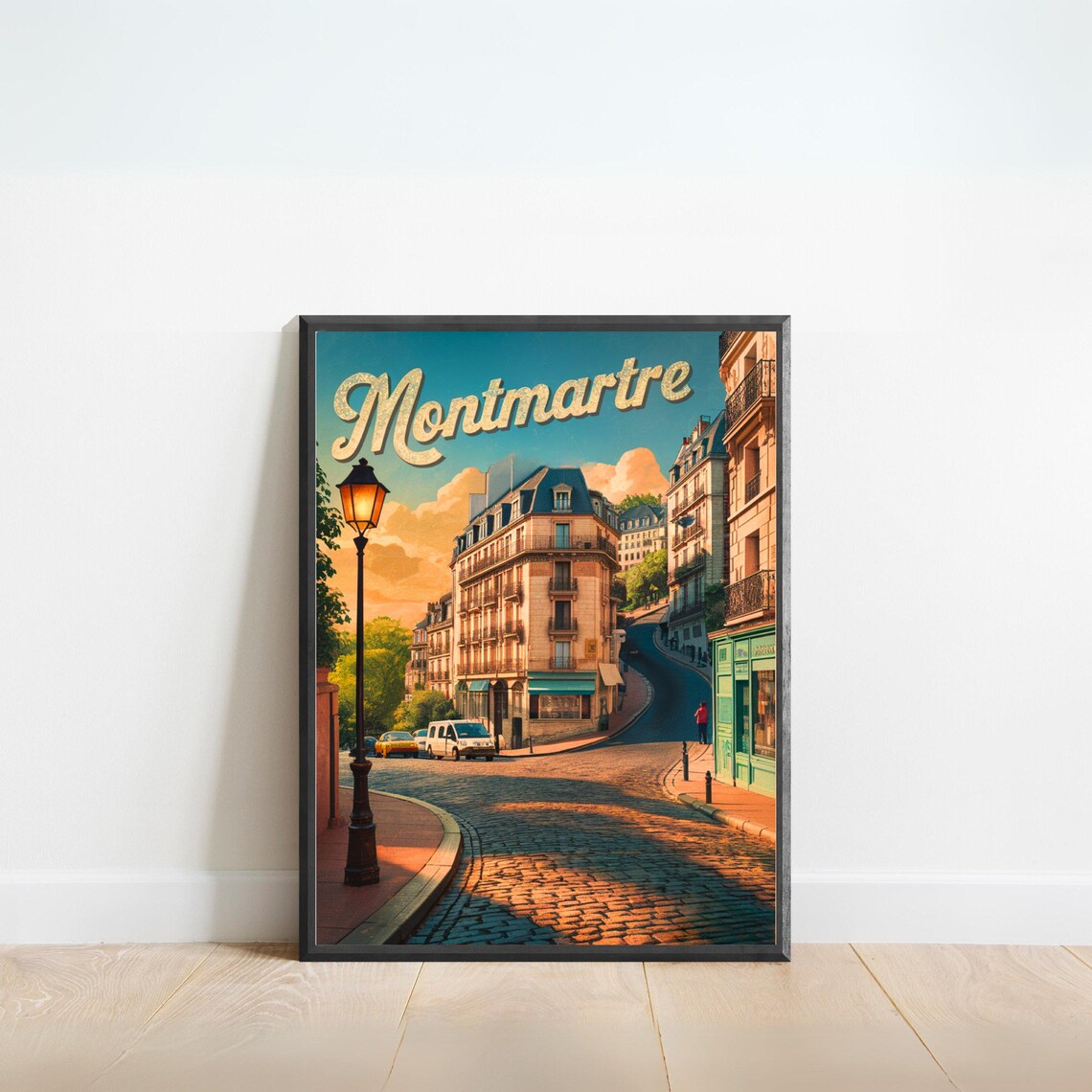 Montmartre Paris Vintage Cobblestone Street Scene Travel Poster
