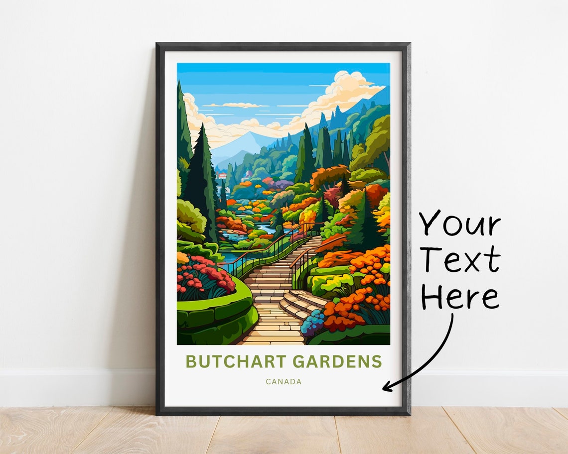 Butchart Gardens Canada Colorful Flower Garden Staircase Travel Poster