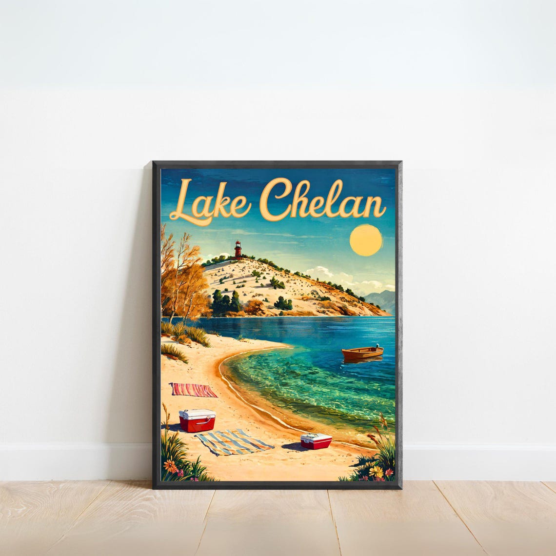 Lake Chelan Washington Vintage Beach Poster Lighthouse Hill Boat Scene