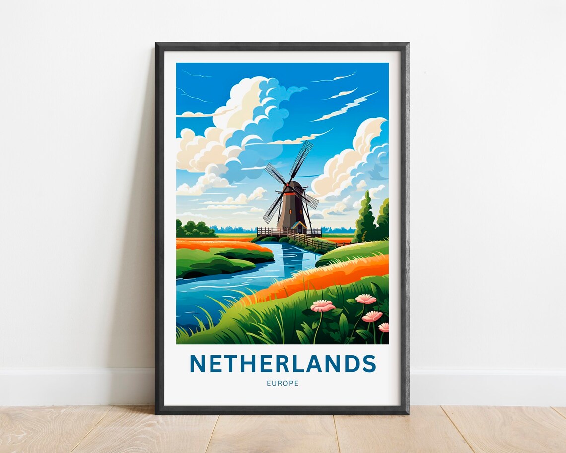 Netherlands Europe Windmill Canal Tulip Fields Travel Poster