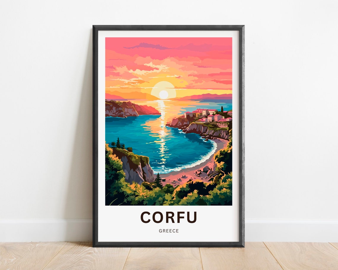 Corfu Greece Stunning Sunset Bay Beach and Cliffs Travel Poster