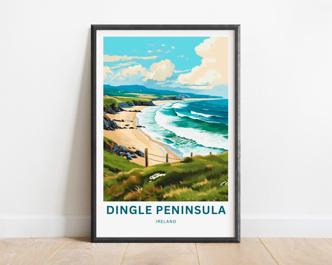 Dingle Peninsula Ireland Rocky Cove Beach Meadow Dunes Travel Poster