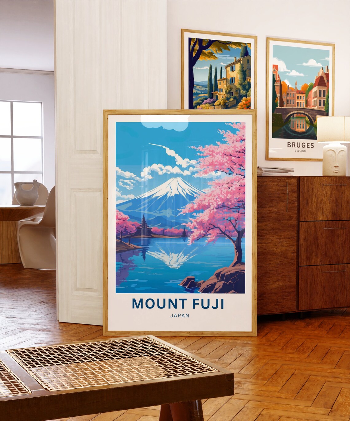 Vintage Style Mount Fuji Japan Cherry Blossom Lake Reflection Poster - Image 5