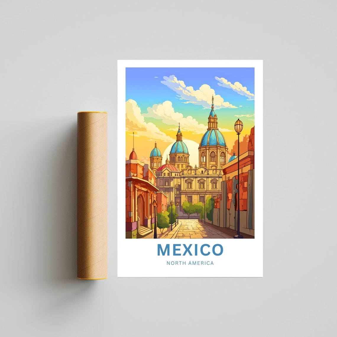Personalized Mexico Cathedral Blue Domes Sunrise Vintage Poster - Image 4
