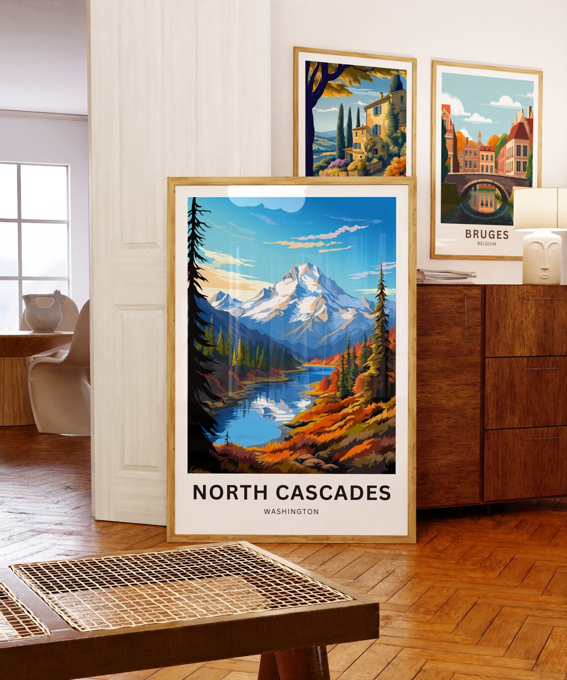 North Cascades Washington Autumn Lake Snowy Peak Vintage Scene Poster - Image 5