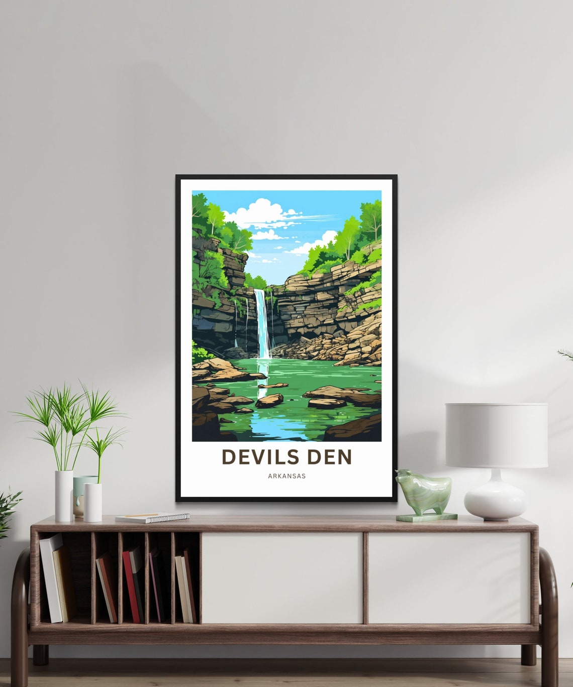 Devils Den Arkansas Emerald Falls Travel Illustration Poster - Image 2