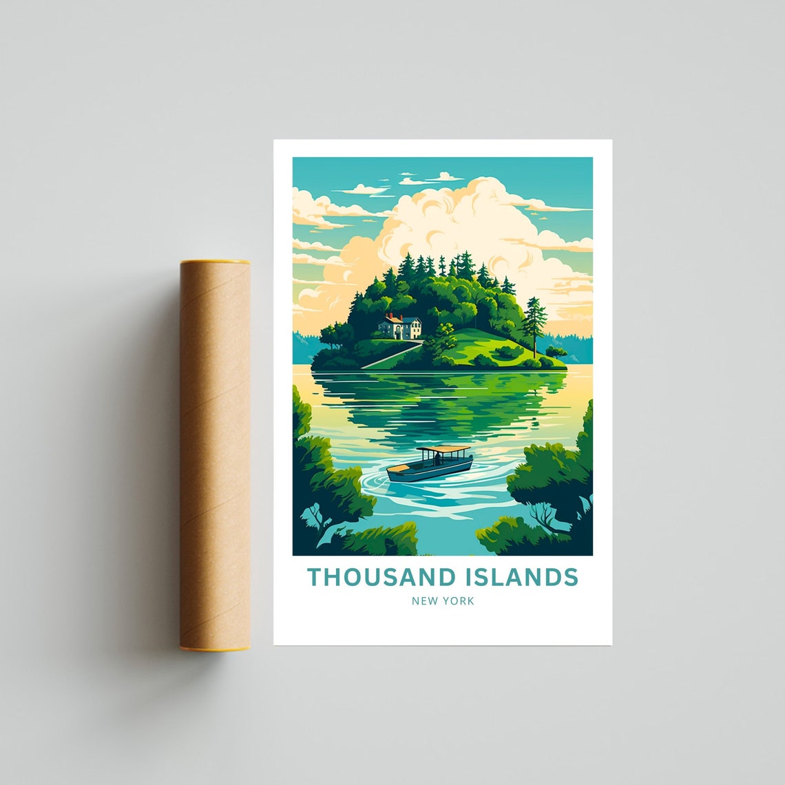 Thousand Islands New York Green Island Cottage Boat Travel Poster - Image 4