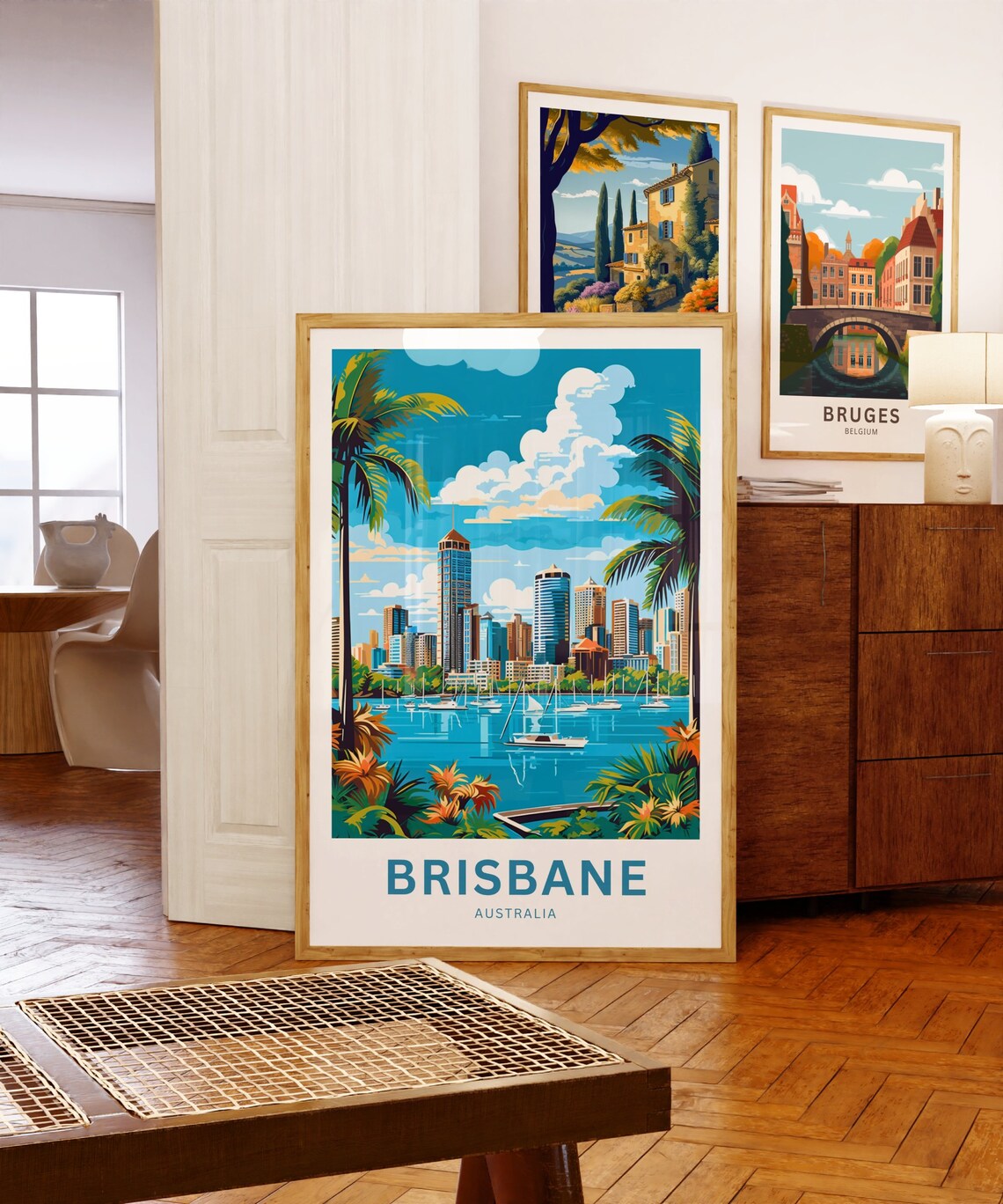 Personalized Brisbane Australia Palm Framed Skyline Vintage Poster - Image 5