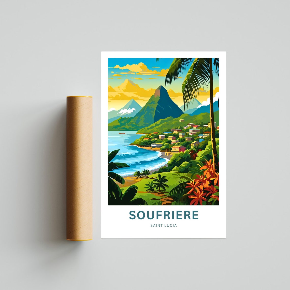Soufrire Travel Print Soufriere Poster Saint Lucia Wall Art Framed Present Gift Caribbean Present Personalized Custom Text - Image 4