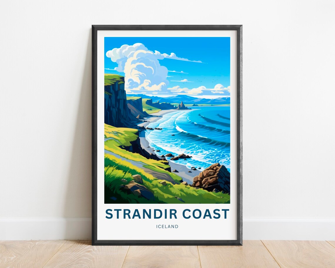 Strandir Coast Iceland Ocean Cliffs Beach Bright Travel Poster