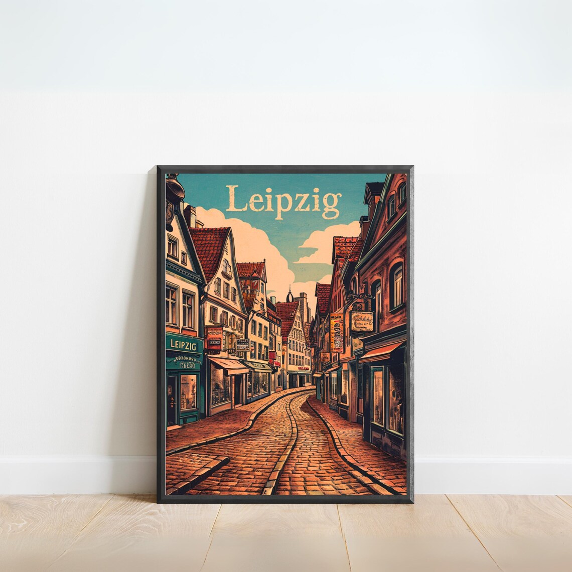 Leipzig Germany Old Town Cobblestone Street Vintage Art Poster