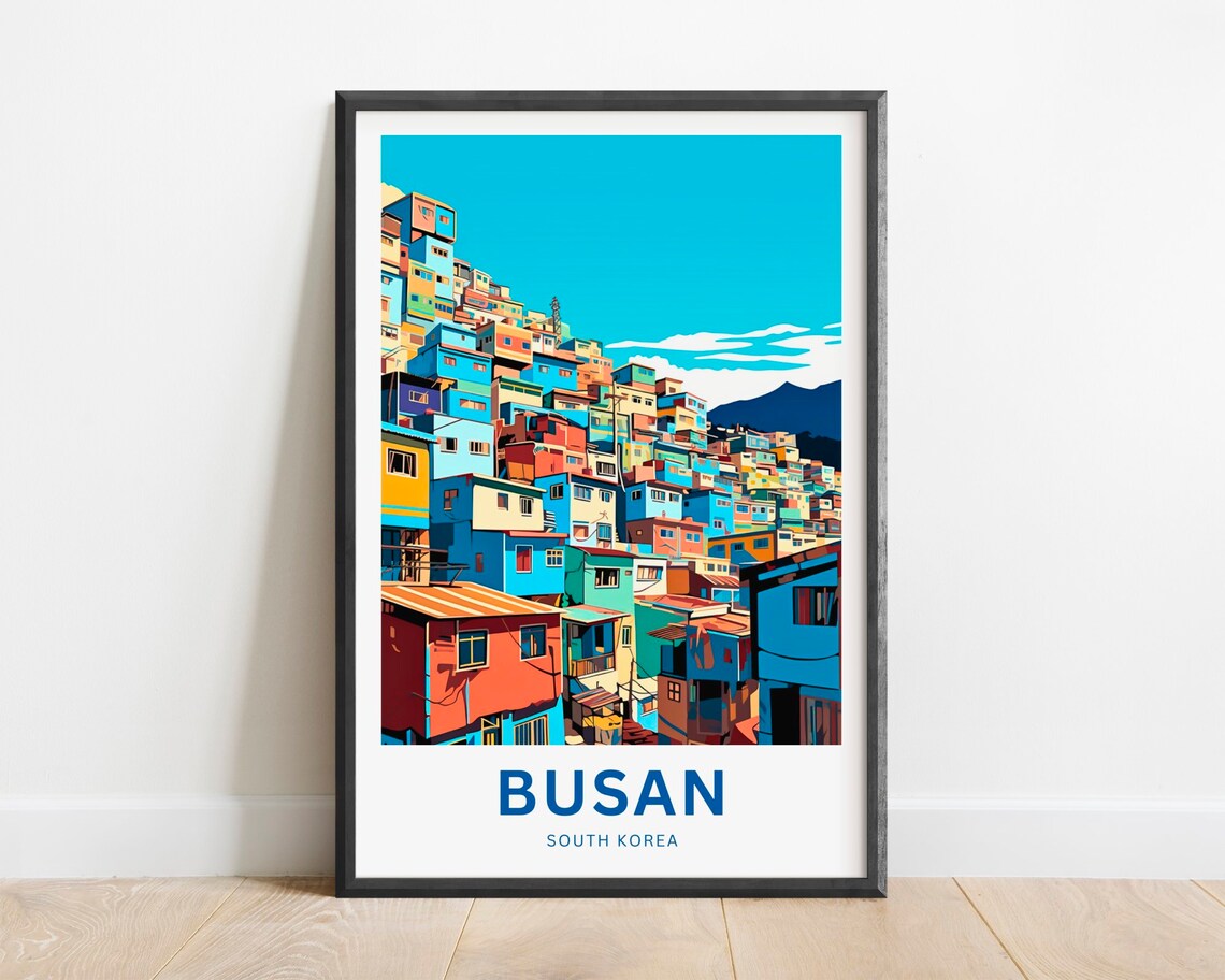 Busan South Korea Colorful Stacked Hillside Houses Travel Poster
