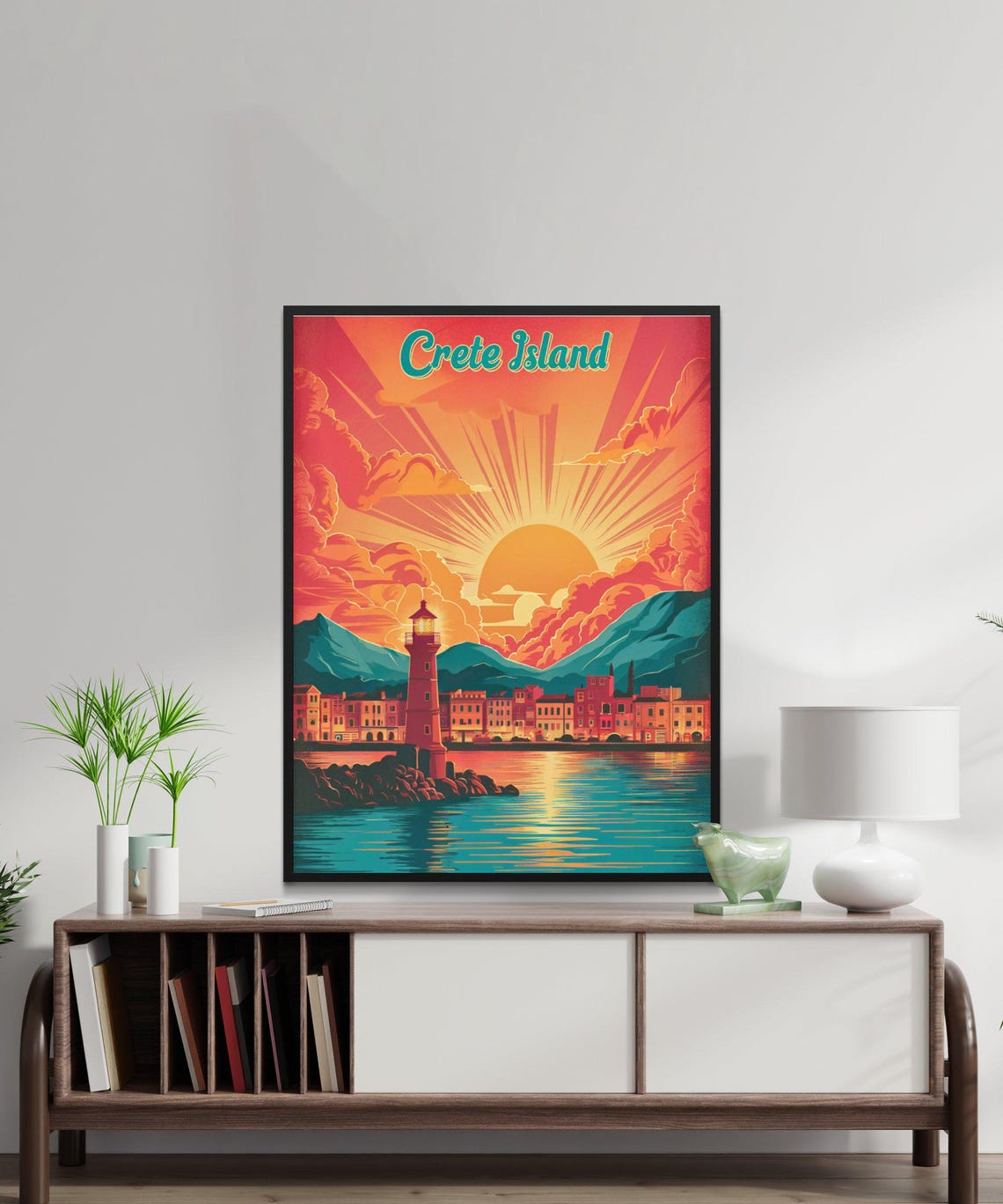 Crete Island Lighthouse Harbor Fiery Sunset Greece Travel Poster - Image 3