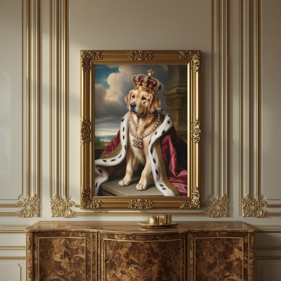 Regal Golden Retriever King Crown Royal Robe Funny Dog Portrait Poster