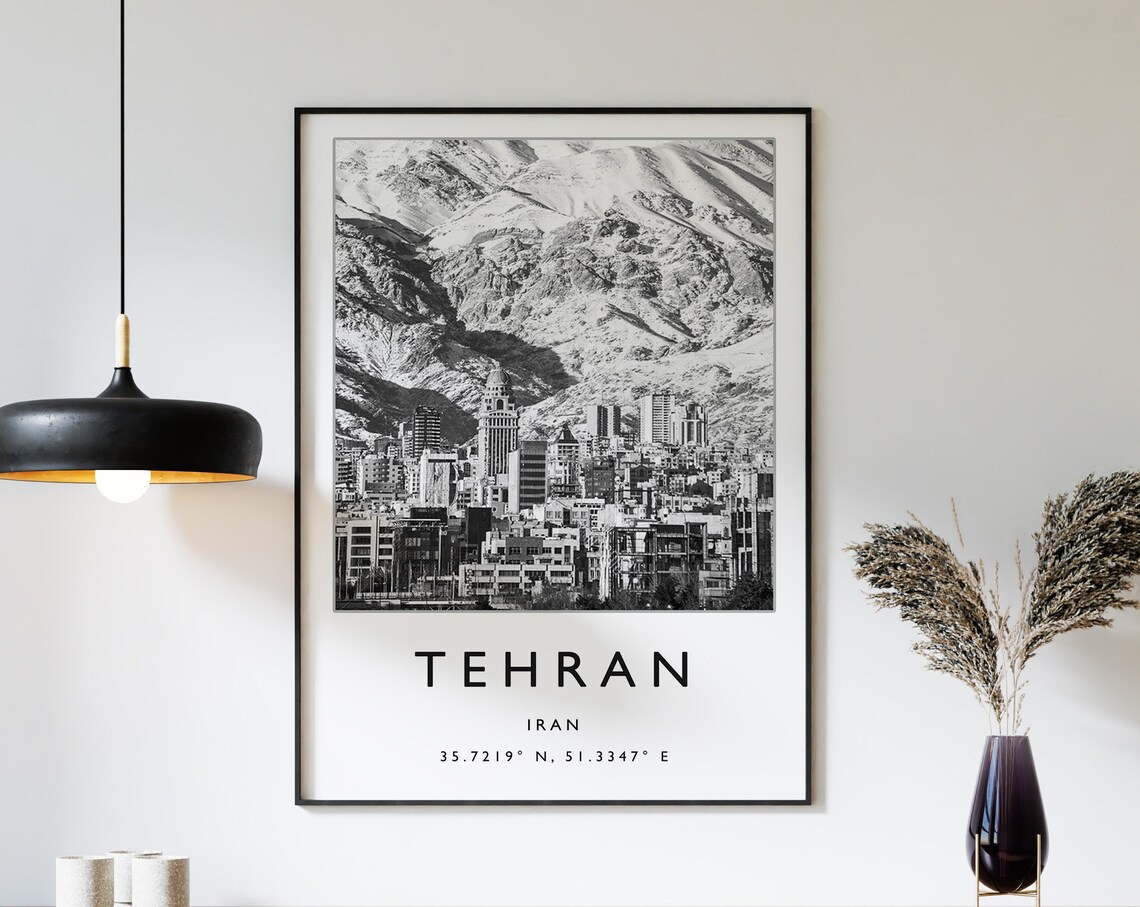 Tehran Travel Poster, Black and White City Print
