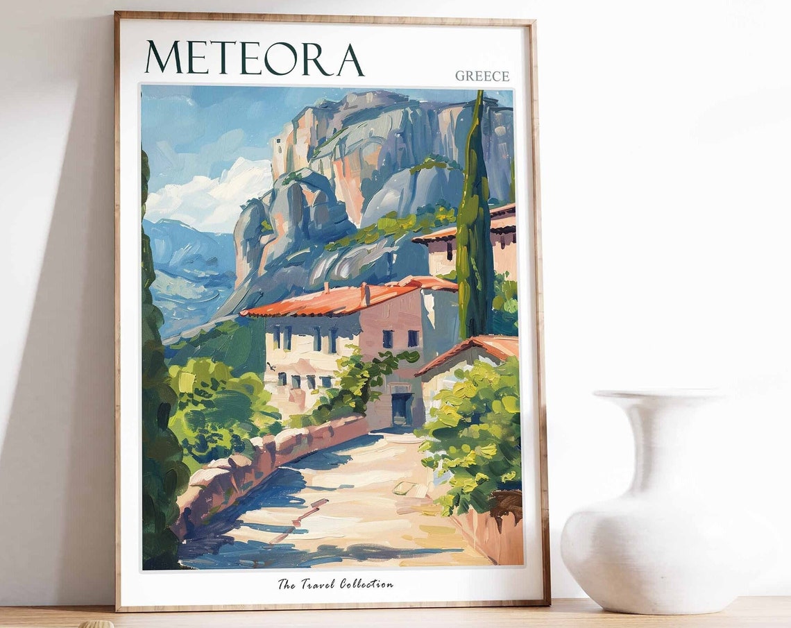 Meteora Greece Rock Formation with Terracotta Cottage and Path Poster