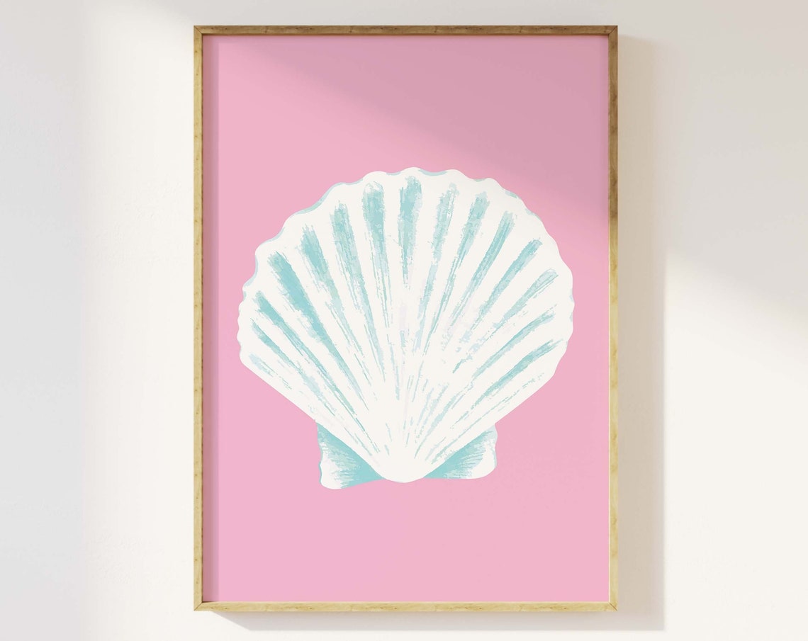 Pink Scallop Seashell Coastal Art Poster for Beach House Decor