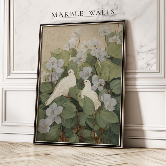 Pair of White Doves among Green Leaves and White Blossoms Vintage Art Poster