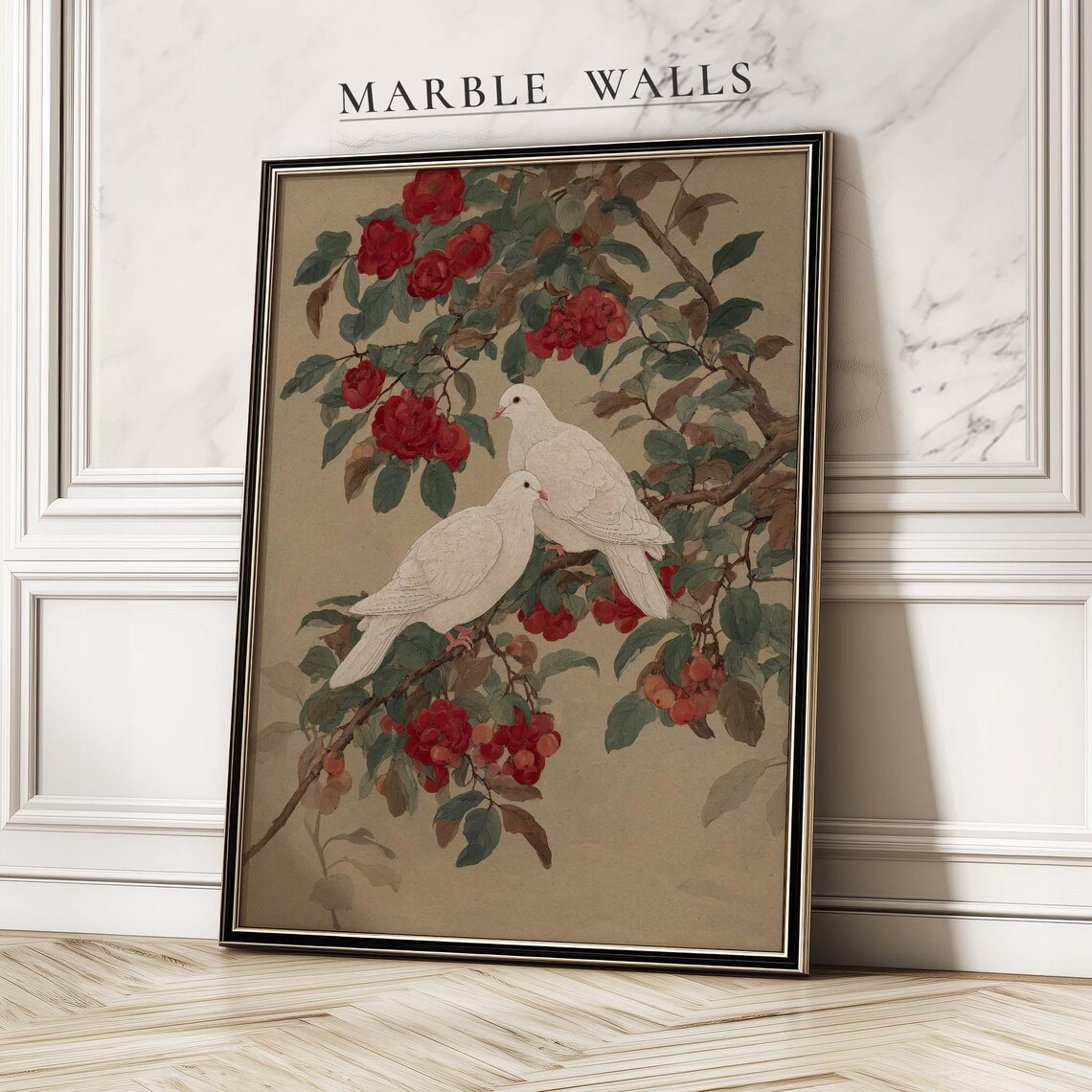 White Doves and Red Flowers, Romantic Vintage Poster