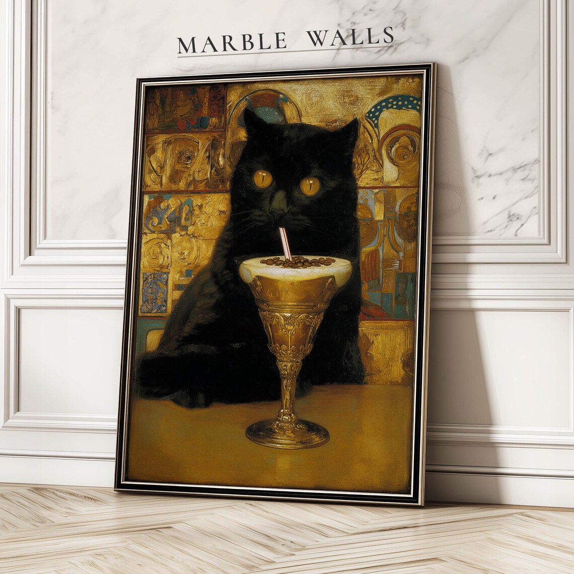 Black Cat Drinking Cocktail Gold Mosaic Vintage Home Bar Poster