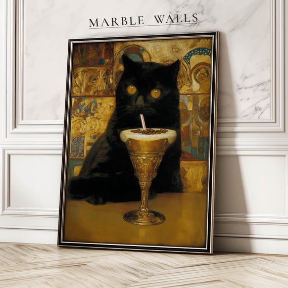 Cocktail Drinking Black Cat Art Print Vintage Moody Gold Poster Home Bar Wall Decor