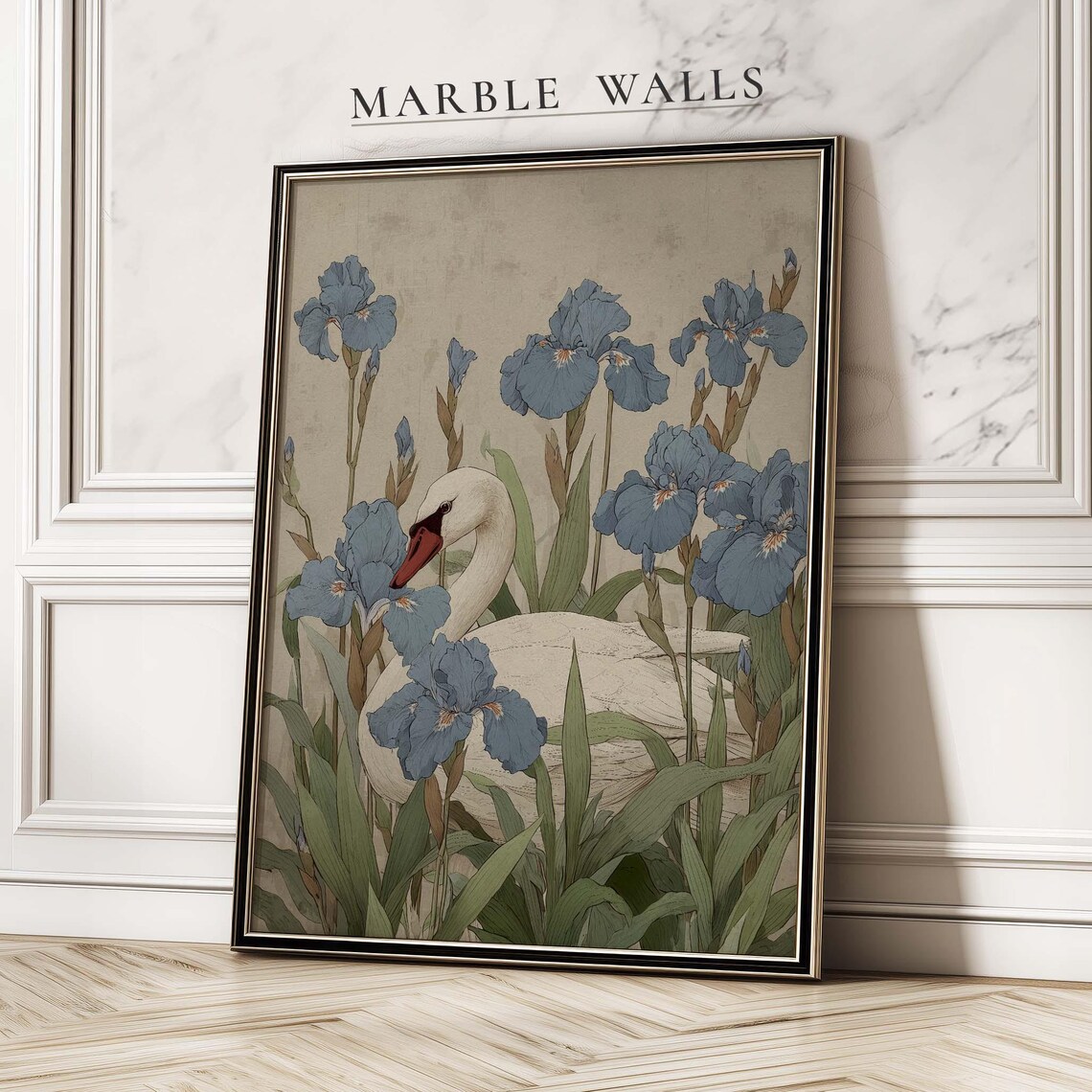 White Swan Among Soft Blue Irises Vintage Botanical Art Poster
