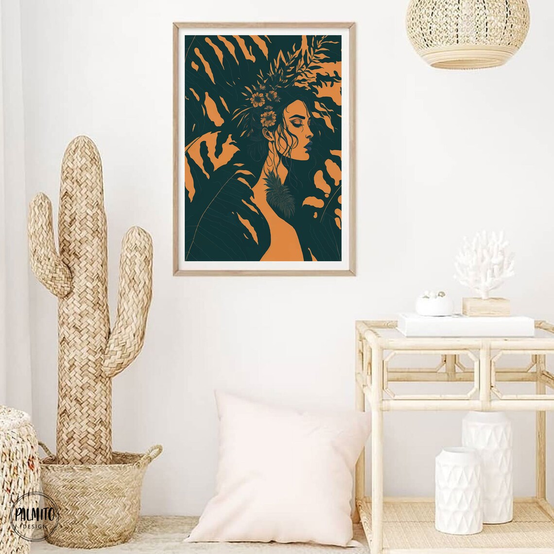 Orange and Green Duotone Woman Profile Floral Portrait Poster - Image 2