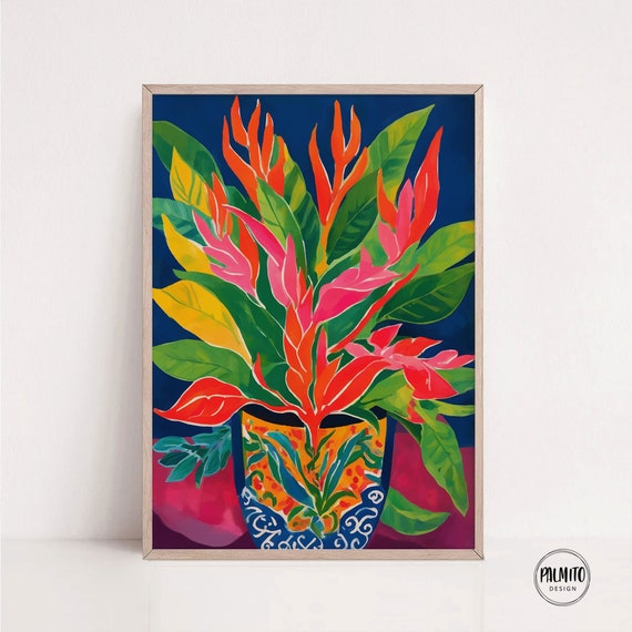 Vibrant Tropical Plant Gouache Painting Wall Art Bold Colors In Ornamental Pot Botanical Wall Art