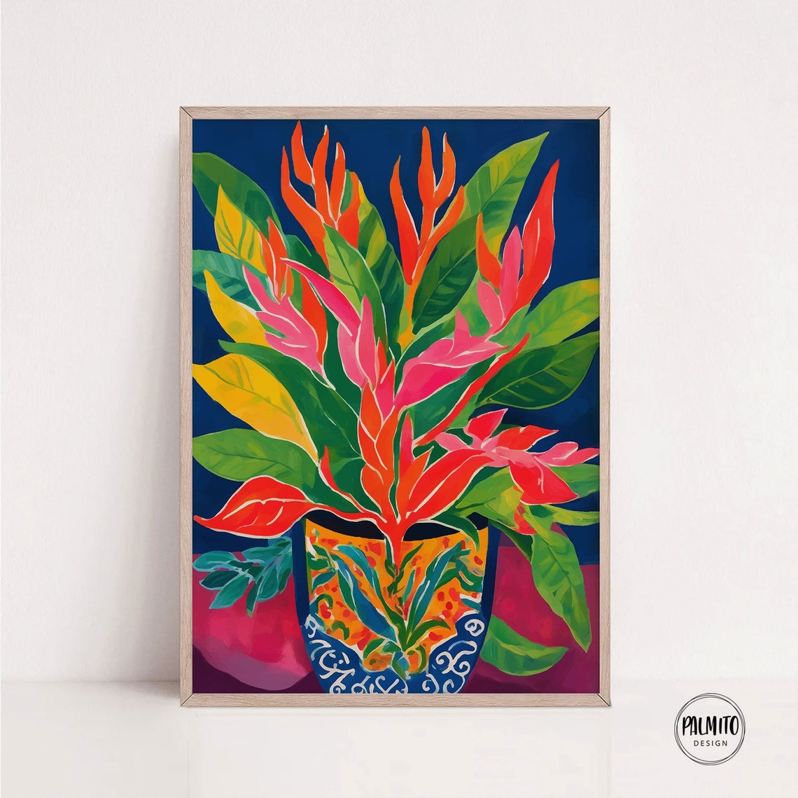 Tropical Heliconia Blooms Bouquet Patterned Vase Navy Art Poster