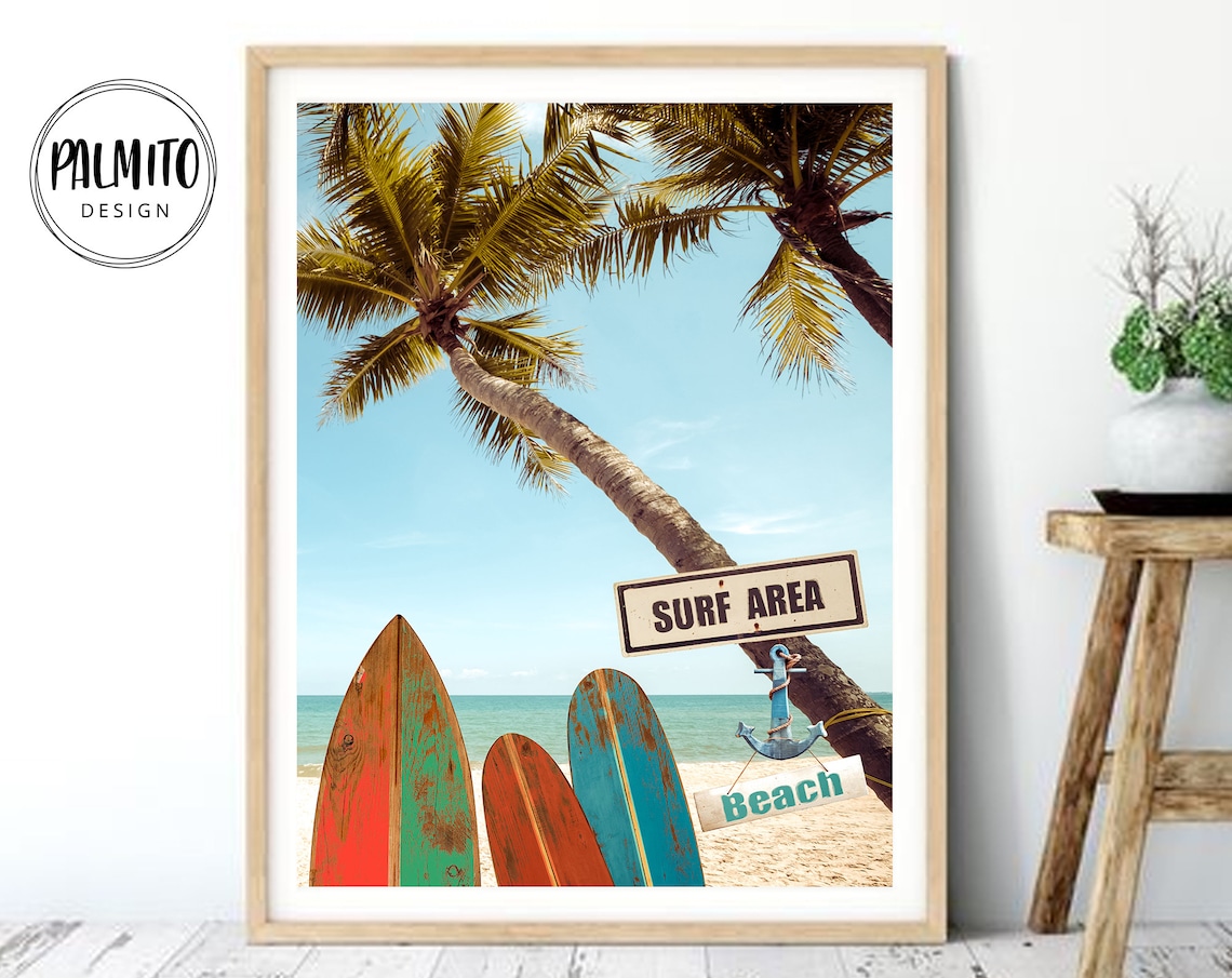 Surf Beach Print, Palm Tree Surfboard Art